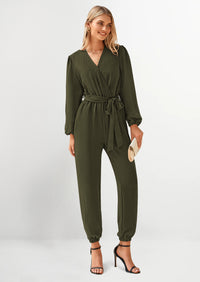 PRETTYGARDEN Women's Fall Jumpsuits Dressy Casual Pants Romper Spring Long Sleeve V Neck Belt Pockets One Piece Outfits