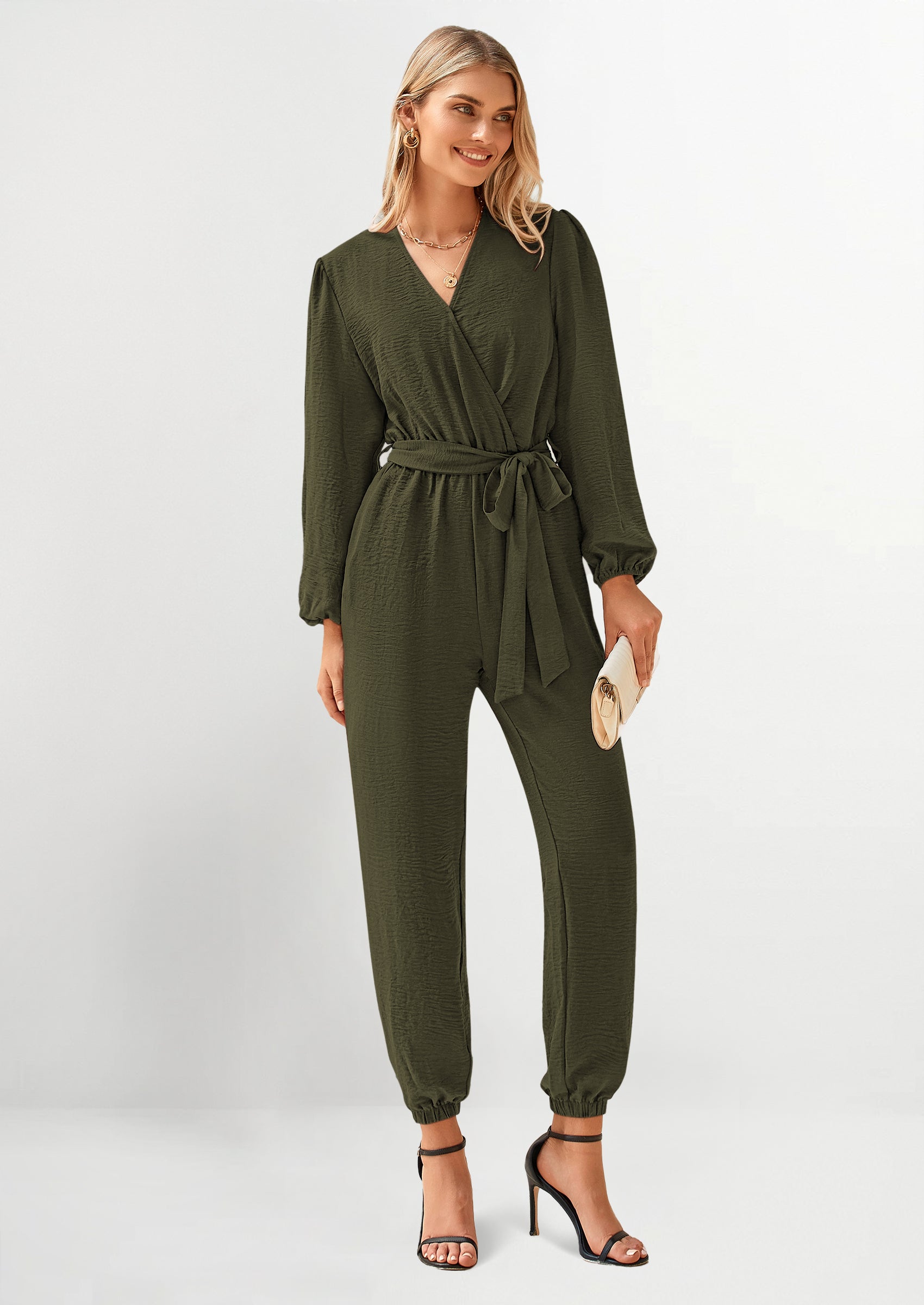 PRETTYGARDEN Women's Fall Jumpsuits Dressy Casual Pants Romper Spring Long Sleeve V Neck Belt Pockets One Piece Outfits