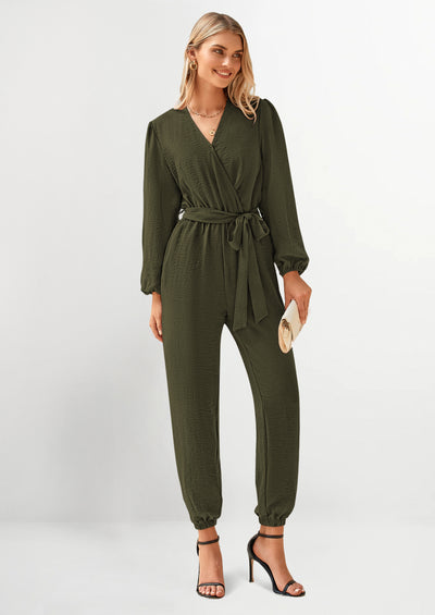 PRETTYGARDEN Women's Fall Jumpsuits Dressy Casual Pants Romper Spring Long Sleeve V Neck Belt Pockets One Piece Outfits