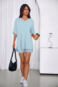 PRETTYGARDEN 2 Piece Sets for Women Summer Lounge Short Set Spring Matching Biker Shorts V Neck Oversized Shirt Clothing PRETTYGARDEN