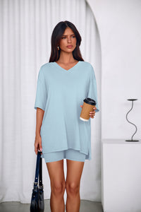 PRETTYGARDEN 2 Piece Sets for Women Summer Lounge Short Set Spring Matching Biker Shorts V Neck Oversized Shirt Clothing PRETTYGARDEN