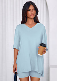 PRETTYGARDEN 2 Piece Sets for Women Summer Lounge Short Set Spring Matching Biker Shorts V Neck Oversized Shirt Clothing PRETTYGARDEN