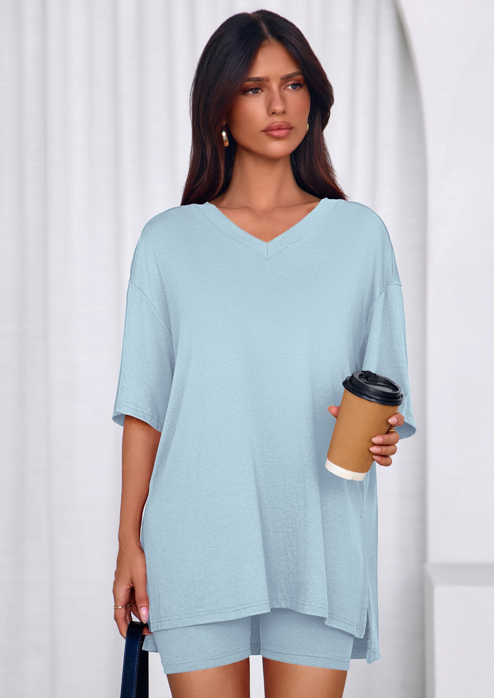 PRETTYGARDEN 2 Piece Sets for Women Summer Lounge Short Set Spring Matching Biker Shorts V Neck Oversized Shirt Clothing PRETTYGARDEN