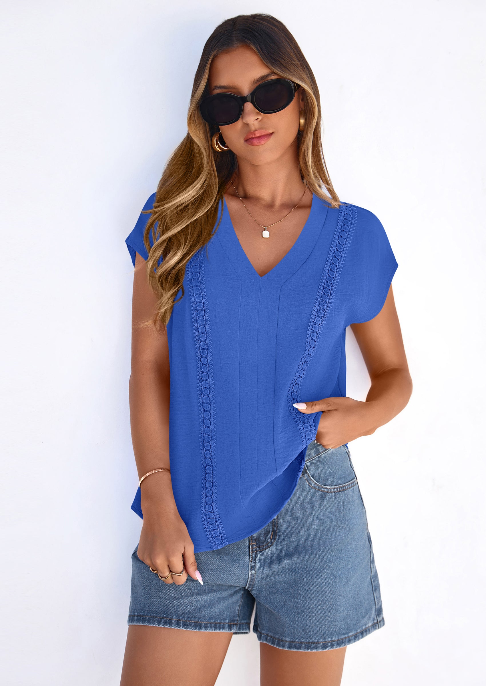 PRETTYGARDEN Spring Tops for Women Summer Fashion Clothes Dressy Casual Blouses Cap Sleeve V Neck Shirts Work Outfits PRETTYGARDEN