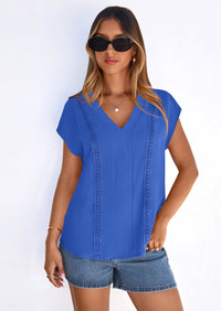 PRETTYGARDEN Spring Tops for Women Summer Fashion Clothes Dressy Casual Blouses Cap Sleeve V Neck Shirts Work Outfits PRETTYGARDEN