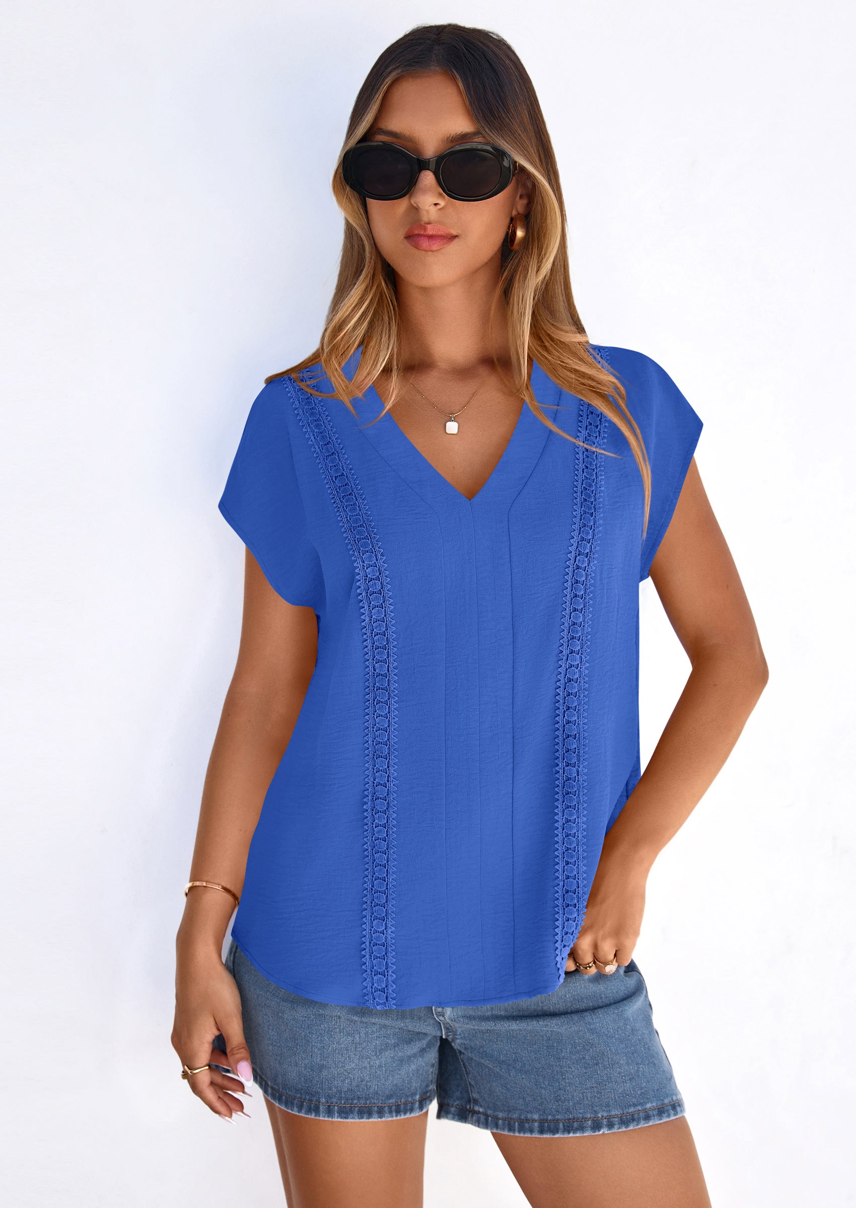 PRETTYGARDEN Spring Tops for Women Summer Fashion Clothes Dressy Casual Blouses Cap Sleeve V Neck Shirts Work Outfits PRETTYGARDEN