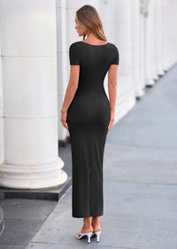 PRETTYGARDEN Women's Ruched Maxi Dress Summer Short Sleeve Asymmetric Neck Back Slit Bodycon Cocktail Party Long Dresses