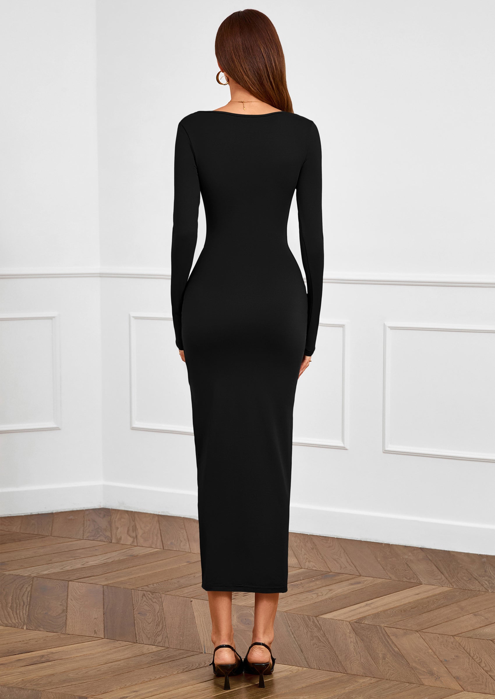 PRETTYGARDEN Women's Fall Wedding Guest Cocktail Midi Dresses Elegant Long Sleeve Bodycon Ruched Dress Fashion Clothing