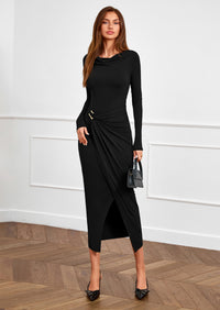 PRETTYGARDEN Women's Fall Wedding Guest Cocktail Midi Dresses Elegant Long Sleeve Bodycon Ruched Dress Fashion Clothing