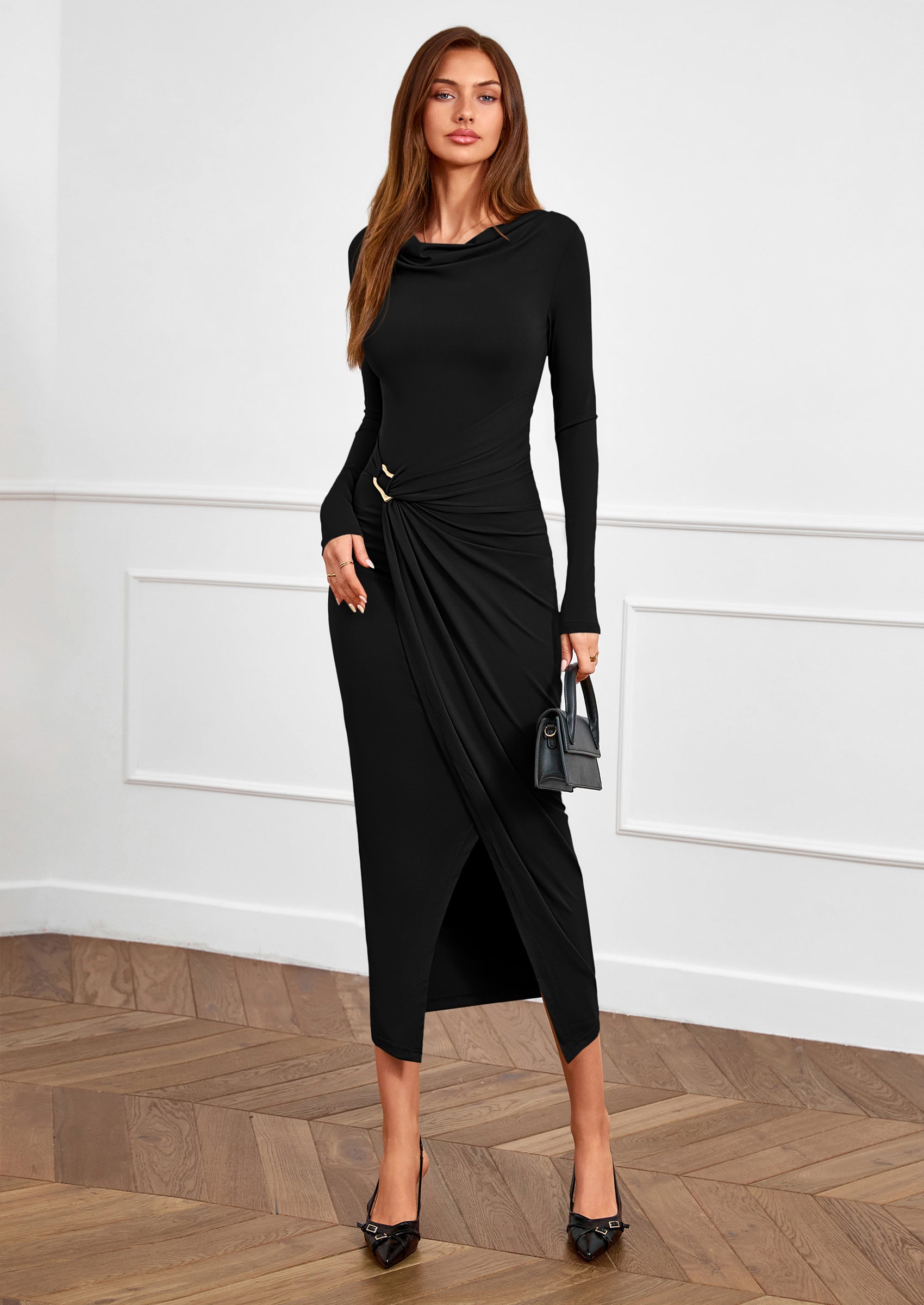 PRETTYGARDEN Women's Fall Wedding Guest Cocktail Midi Dresses Elegant Long Sleeve Bodycon Ruched Dress Fashion Clothing