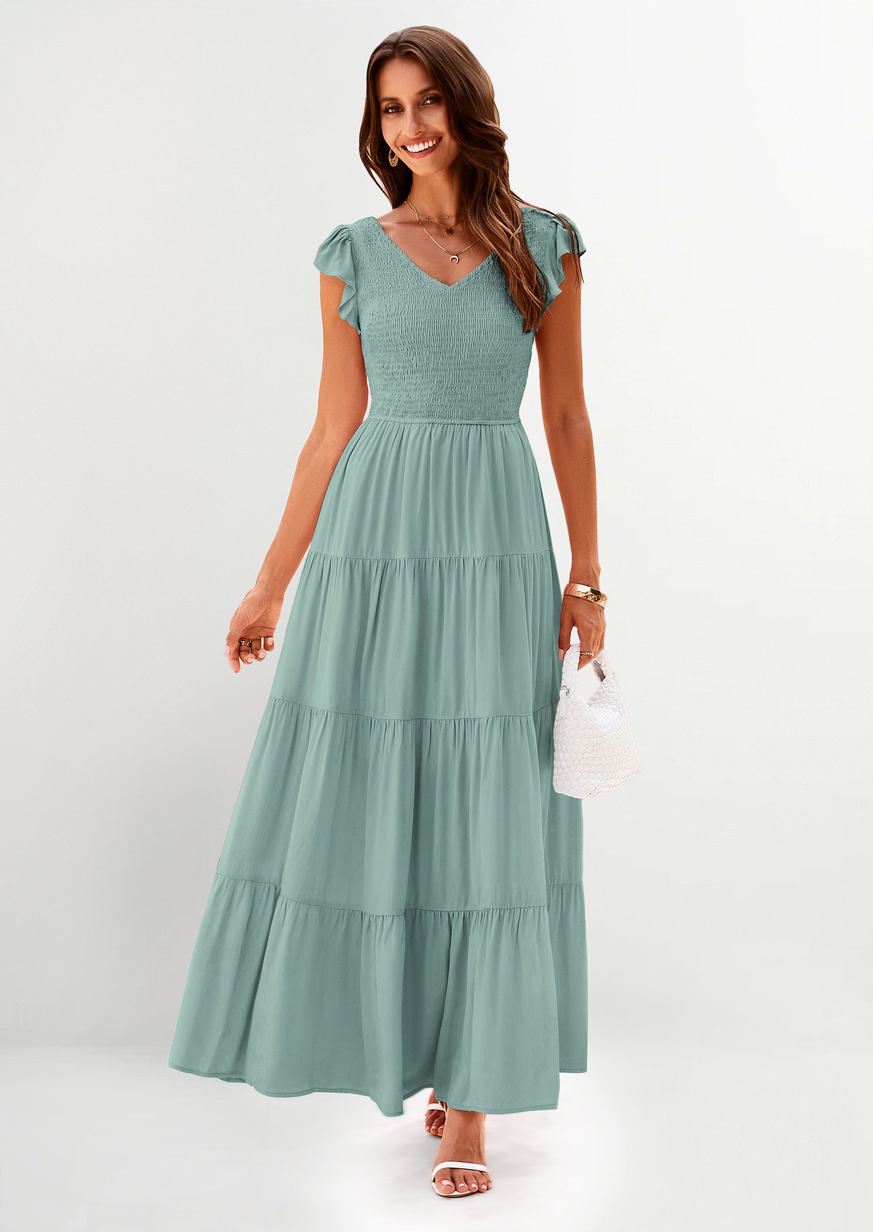 PRETTYGARDEN Women's Flowy Maxi Dress Casual Cap Sleeve V Neck Smocked Beach Sundress