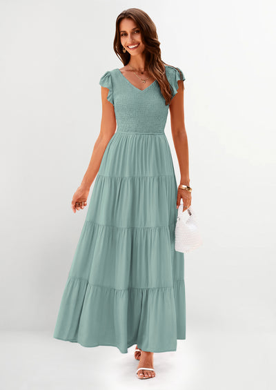 PRETTYGARDEN Women's Flowy Maxi Dress Casual Cap Sleeve V Neck Smocked Beach Sundress