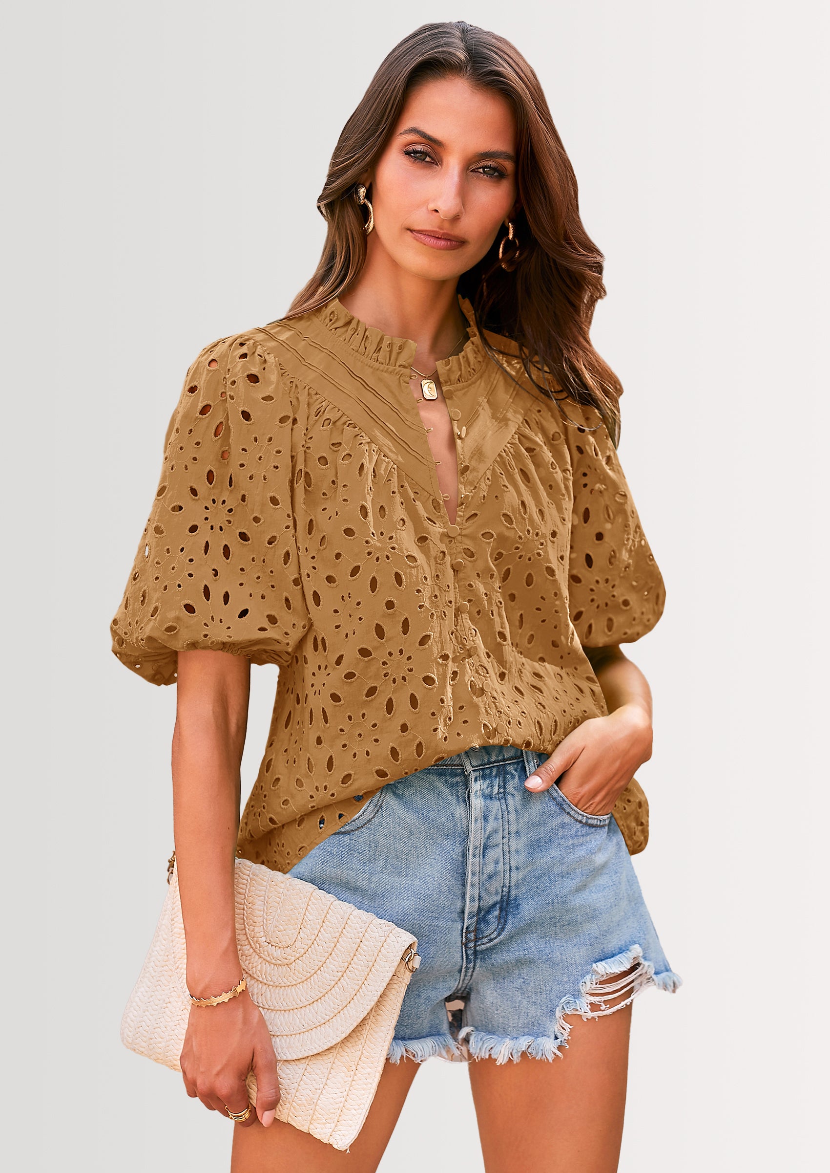 PRETTYGARDEN Women's Summer Short Sleeve Tops Dressy Casual Buttons V Neck Hollow Out Lace Embroidered Blouses Shirts