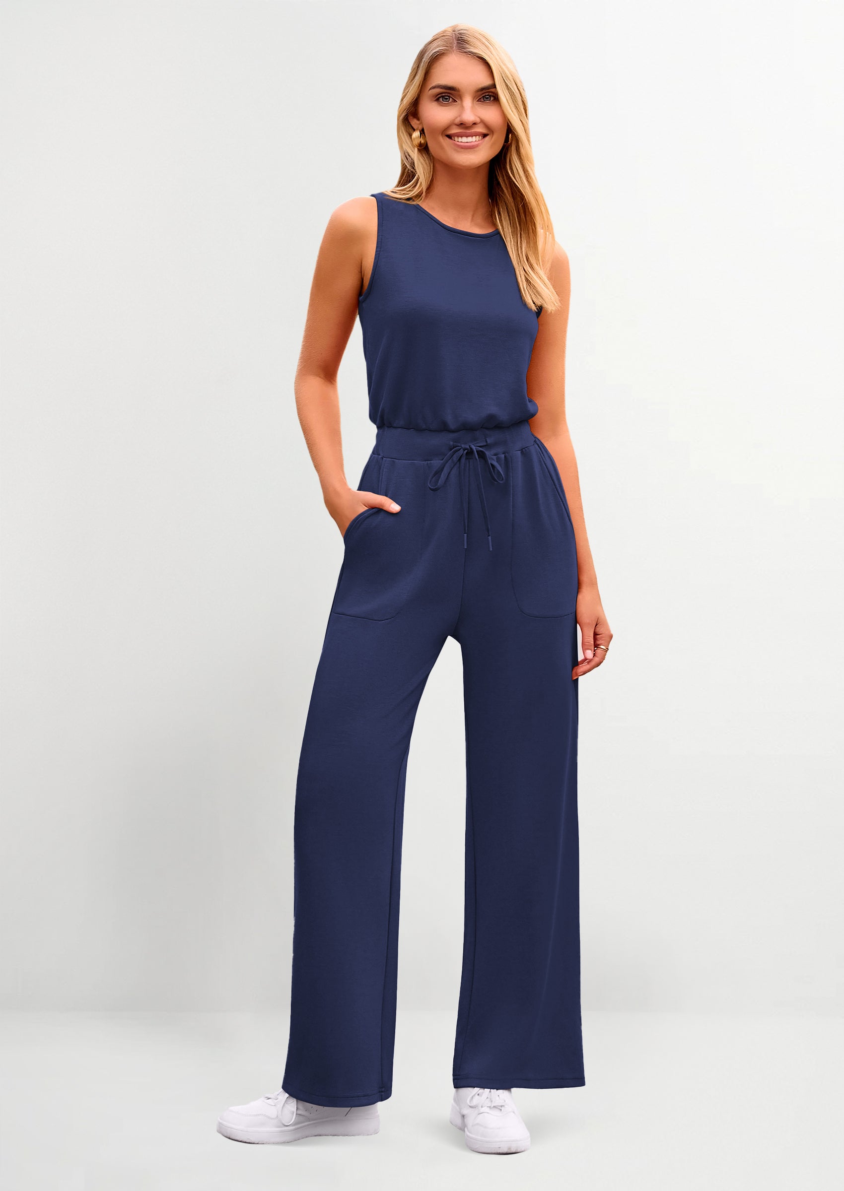 PRETTYGARDEN Womens Jumpsuits Summer Casual One Piece Outfits Sleeveless Wide Leg Long Pants Rompers