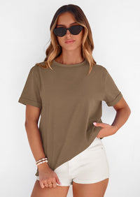 PRETTYGARDEN Womens Summer Tops Spring Casual Rolled Short Sleeve Basic Tees Crew Neck Work Shirts Fashion Clothing PRETTYGARDEN