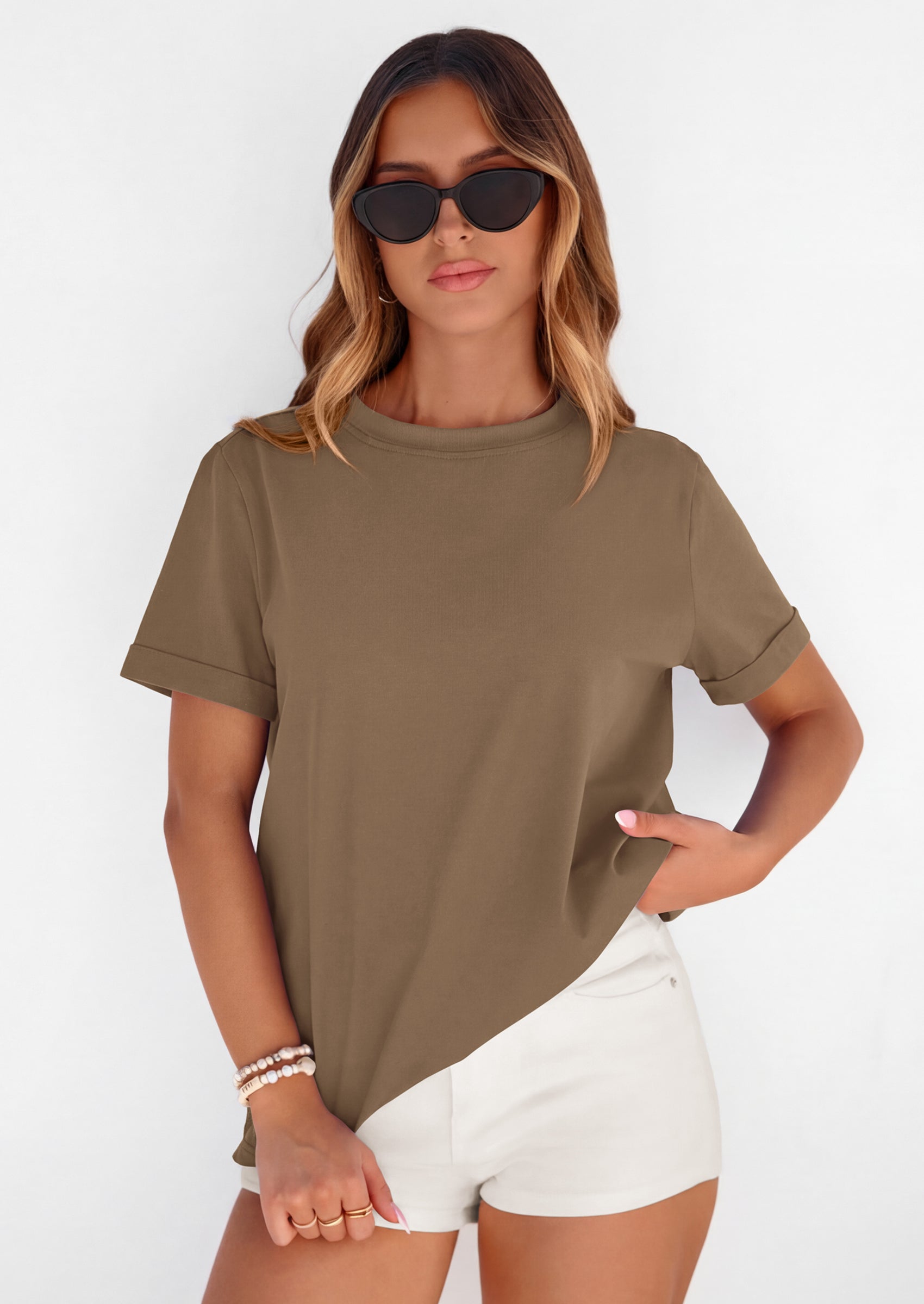 PRETTYGARDEN Womens Summer Tops Spring Casual Rolled Short Sleeve Basic Tees Crew Neck Work Shirts Fashion Clothing PRETTYGARDEN