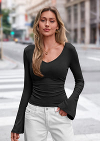PRETTYGARDEN Women Fall Long Bell Sleeve Shirts Ribbed V Neck Fitted Ruched Trendy Y2K Going Out Tee Tops Summer Clothes