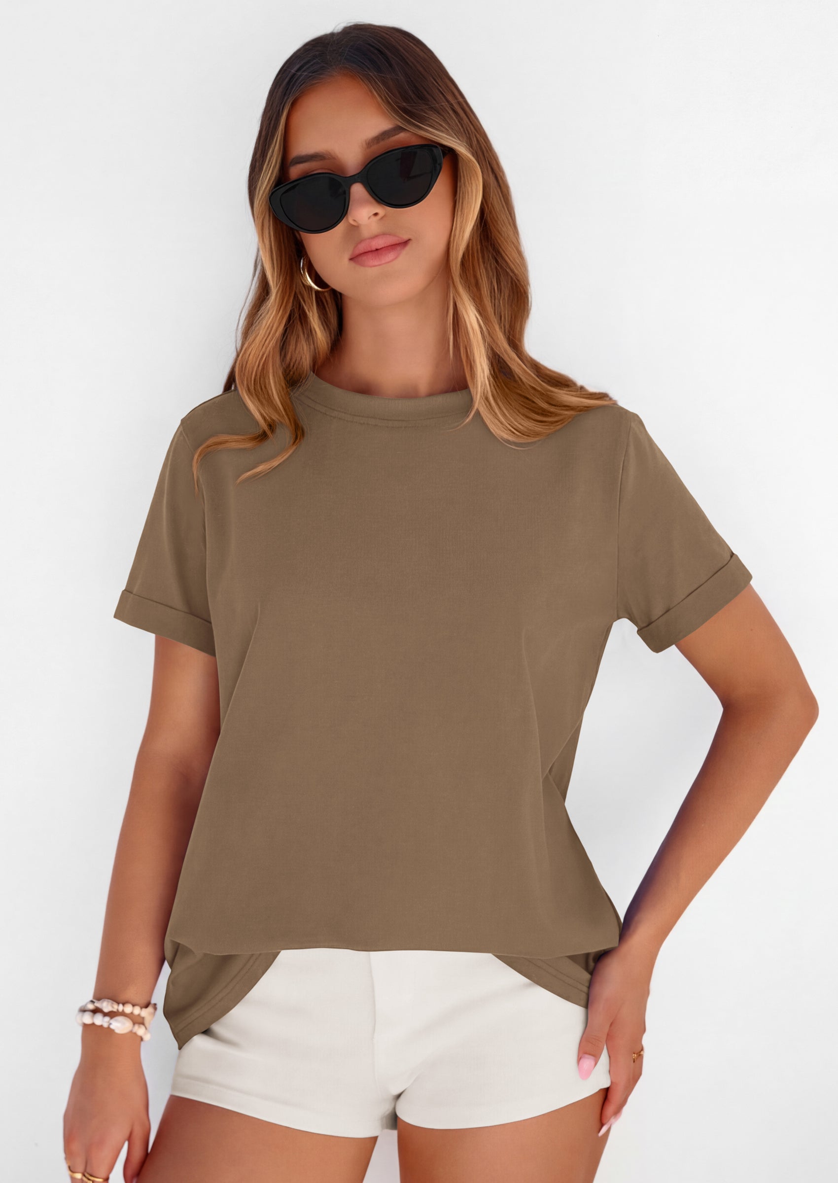 PRETTYGARDEN Womens Summer Tops Spring Casual Rolled Short Sleeve Basic Tees Crew Neck Work Shirts Fashion Clothing PRETTYGARDEN