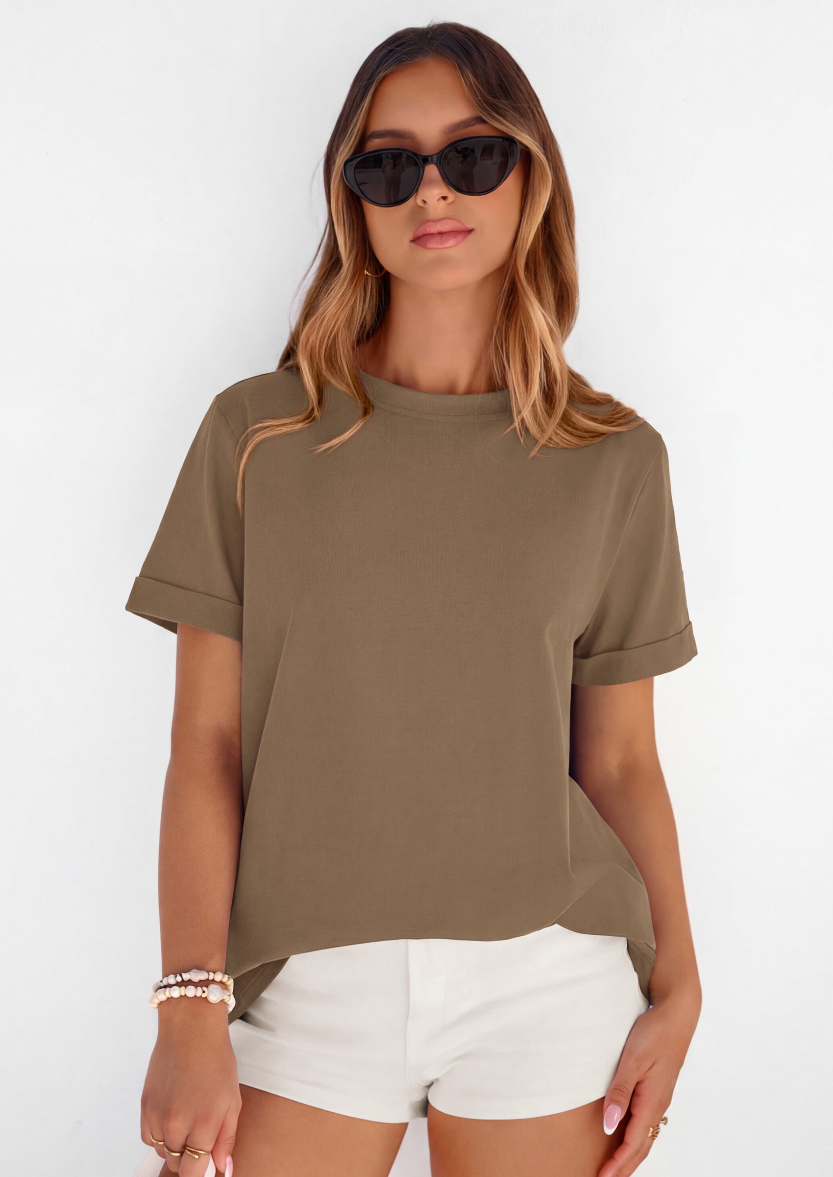 PRETTYGARDEN Womens Summer Tops Spring Casual Rolled Short Sleeve Basic Tees Crew Neck Work Shirts Fashion Clothing PRETTYGARDEN