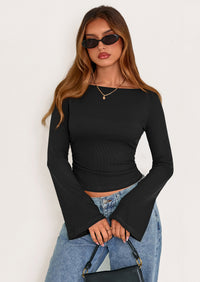 PRETTYGARDEN Women's Long Sleeve Shirts Fall Going Out Tops Casual Boat Neck Bell Sleeve Ribbed Ruched Y2K Clothes