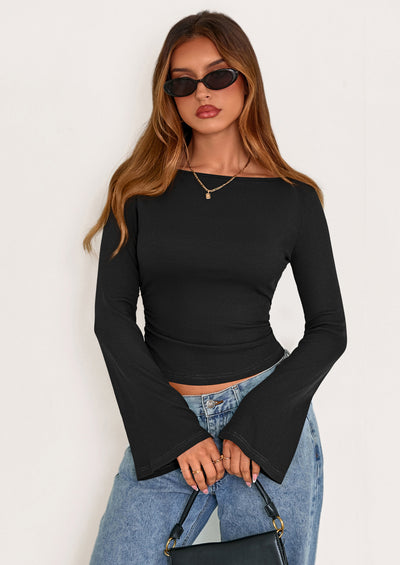 PRETTYGARDEN Women's Long Sleeve Shirts Fall Going Out Tops Casual Boat Neck Bell Sleeve Ribbed Ruched Y2K Clothes