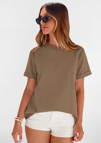 PRETTYGARDEN Womens Summer Tops Spring Casual Rolled Short Sleeve Basic Tees Crew Neck Work Shirts Fashion Clothing PRETTYGARDEN