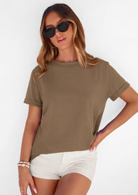 PRETTYGARDEN Womens Summer Tops Spring Casual Rolled Short Sleeve Basic Tees Crew Neck Work Shirts Fashion Clothing PRETTYGARDEN