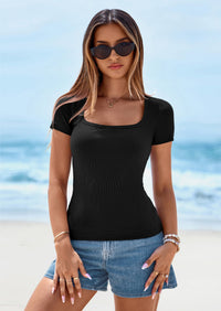 PRETTYGARDEN Womens Summer Tops Spring Trendy Short Sleeve Scoop Neck Ribbed Knit Slim Fitted Casual Basic Tee Shirts PRETTYGARDEN