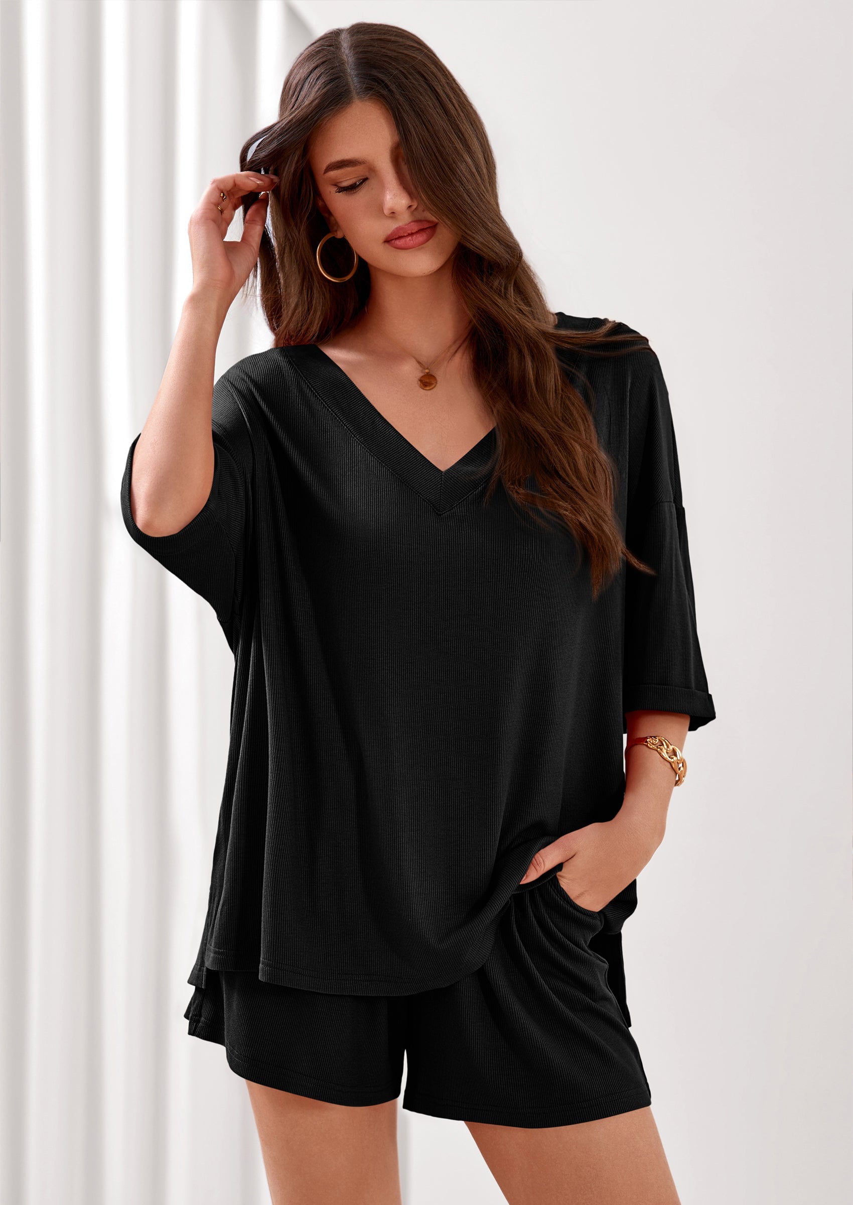 PRETTYGARDEN Womens 2 Piece Sets Oversized Vneck Half Sleeve Tops Shorts Lounge Set Casual Summer Travel Beach Outfits PRETTYGARDEN