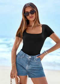 PRETTYGARDEN Womens Summer Tops Spring Trendy Short Sleeve Scoop Neck Ribbed Knit Slim Fitted Casual Basic Tee Shirts PRETTYGARDEN