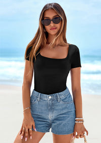 PRETTYGARDEN Womens Summer Tops Spring Trendy Short Sleeve Scoop Neck Ribbed Knit Slim Fitted Casual Basic Tee Shirts PRETTYGARDEN