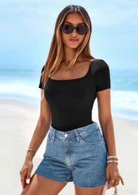 PRETTYGARDEN Womens Summer Tops Spring Trendy Short Sleeve Scoop Neck Ribbed Knit Slim Fitted Casual Basic Tee Shirts PRETTYGARDEN