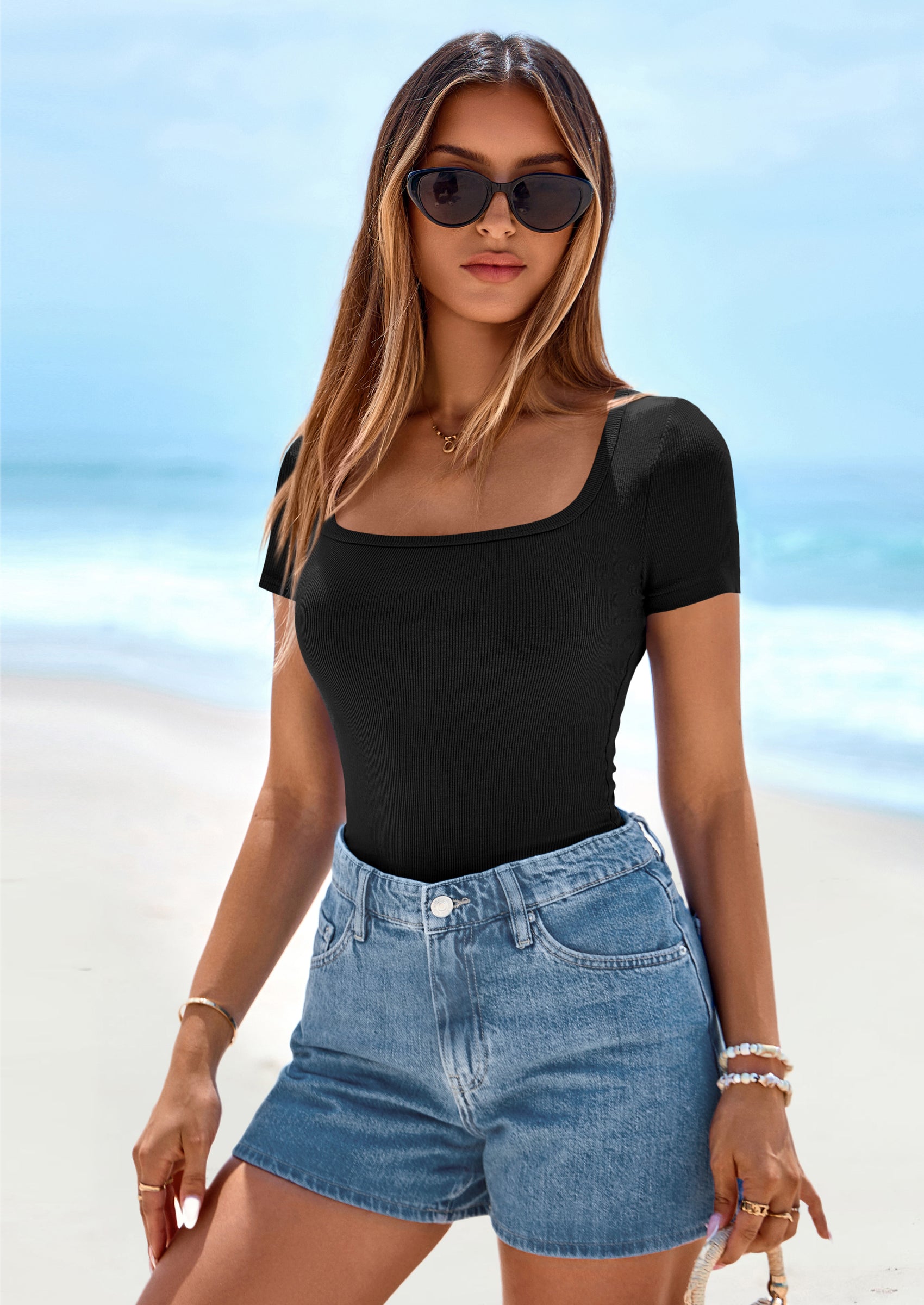 PRETTYGARDEN Womens Summer Tops Spring Trendy Short Sleeve Scoop Neck Ribbed Knit Slim Fitted Casual Basic Tee Shirts PRETTYGARDEN