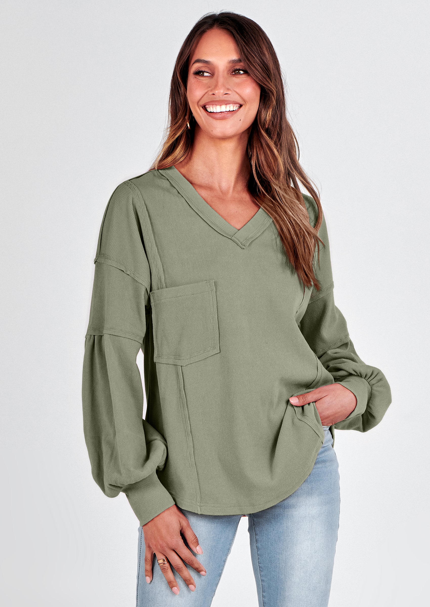 BTFBM Women's Ribbed Long Sleeve Tops Summer Spring Pullover Knit Casual V Neck Blouses Trendy Loose Fit Tunic Top