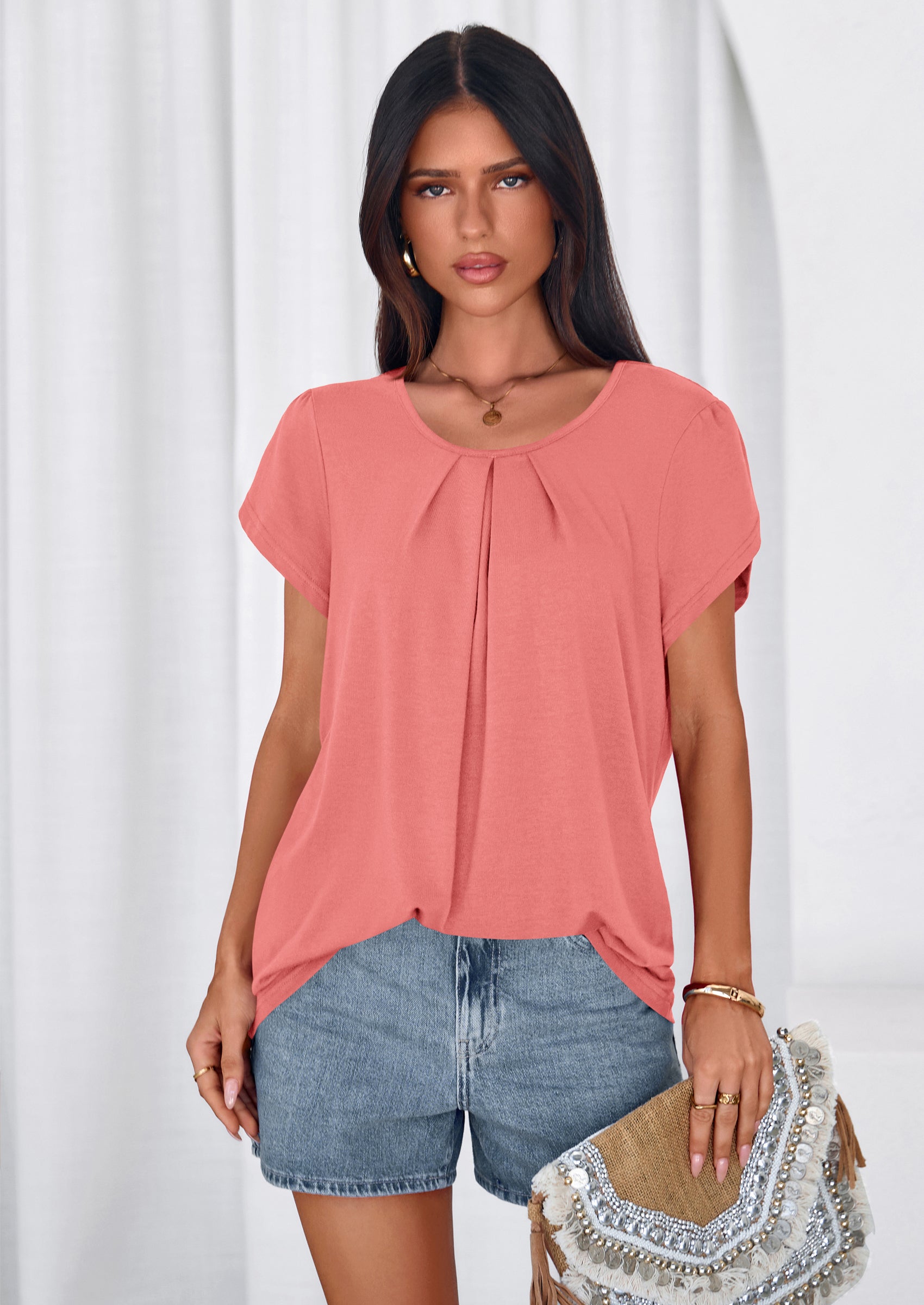 PRETTYGARDEN Summer Tops for Women Short Sleeve Crew Neck Pleated T Shirts Dressy Casual Blouses Spring Fashion Clothes PRETTYGARDEN