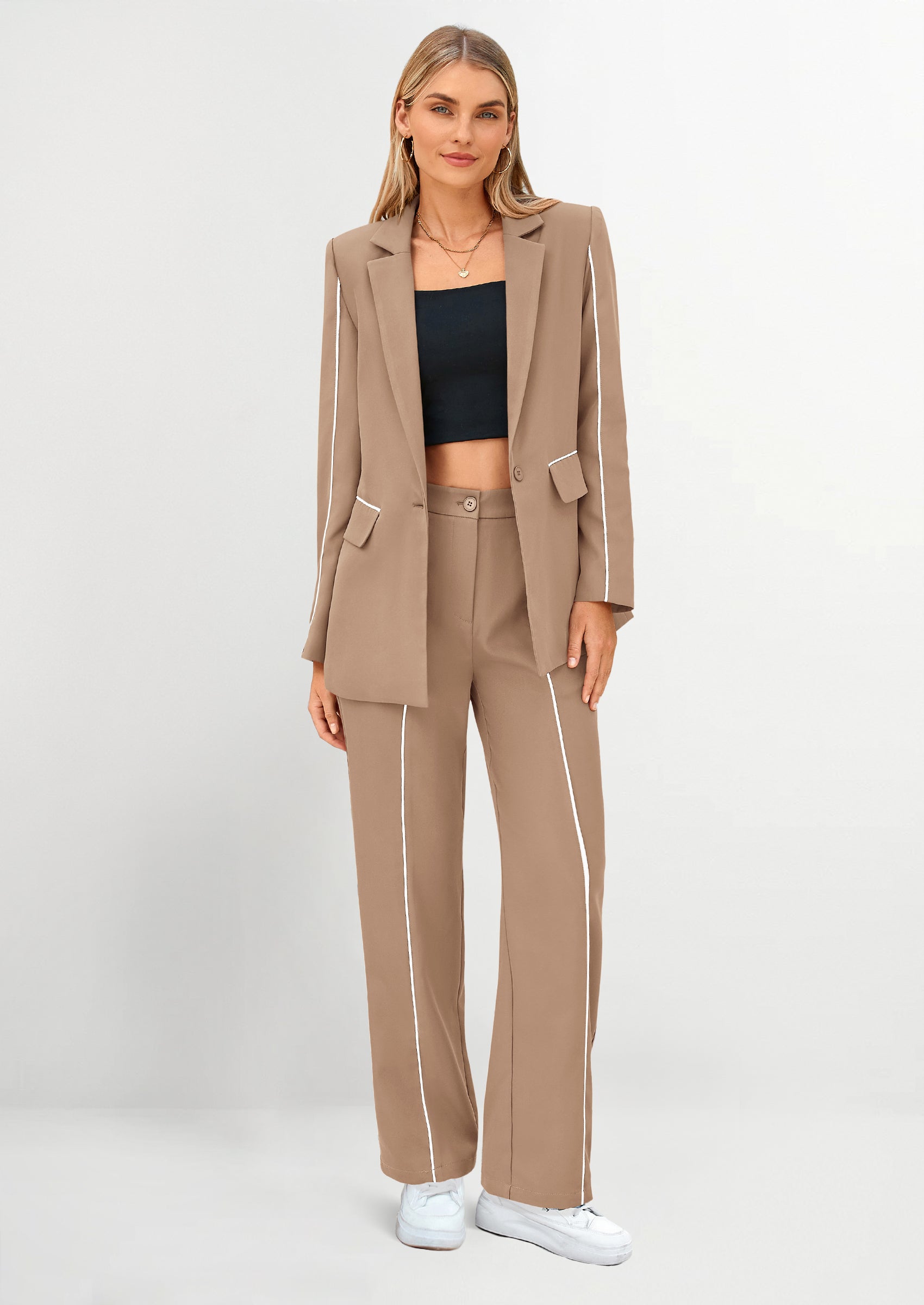 PRETTYGARDEN 2 Piece Blazer Outfits Business Casual Oversized Jacket Wide Leg Work Pants Dressy Suit Set