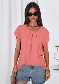 PRETTYGARDEN Summer Tops for Women Short Sleeve Crew Neck Pleated T Shirts Dressy Casual Blouses Spring Fashion Clothes PRETTYGARDEN