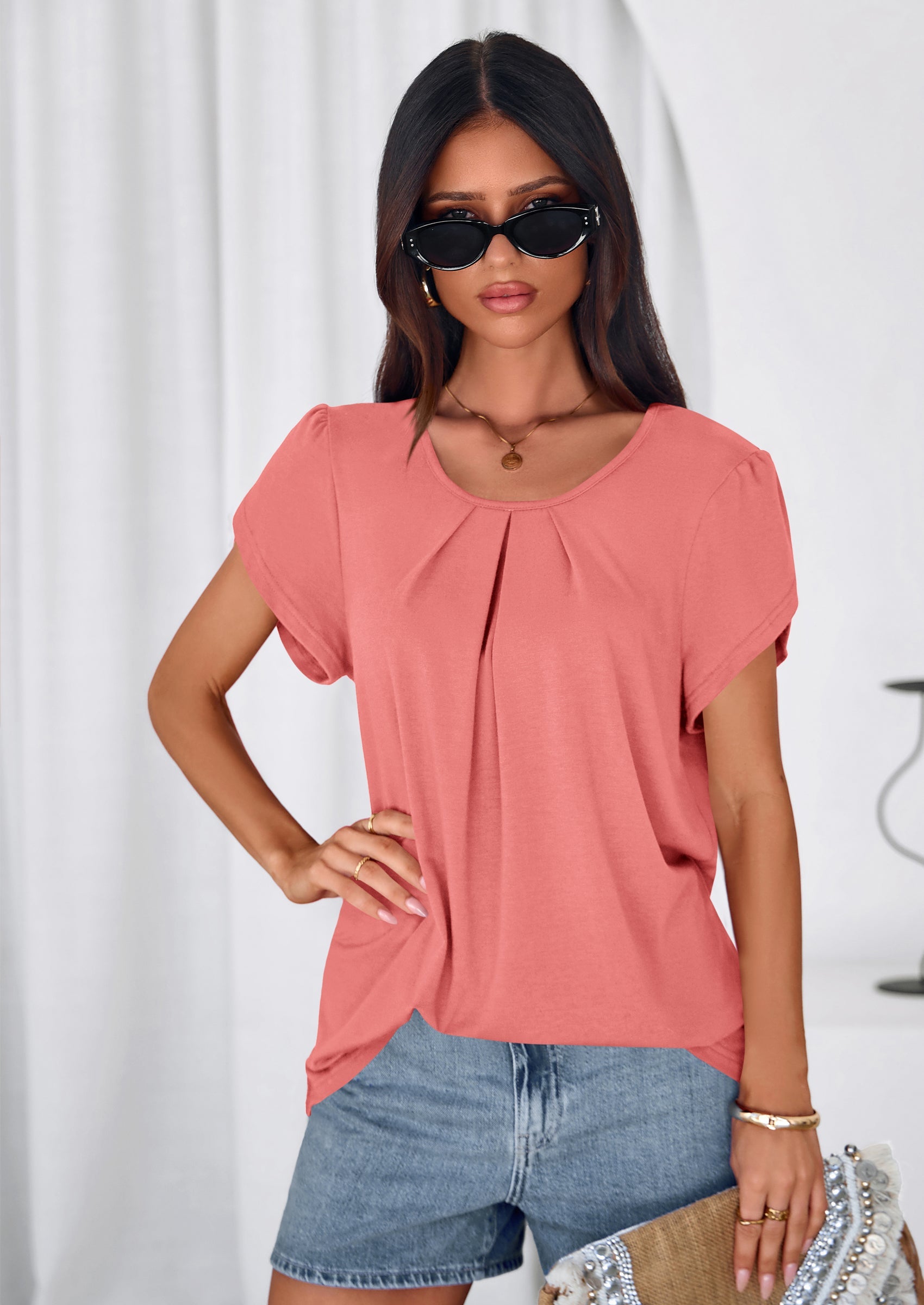 PRETTYGARDEN Summer Tops for Women Short Sleeve Crew Neck Pleated T Shirts Dressy Casual Blouses Spring Fashion Clothes PRETTYGARDEN
