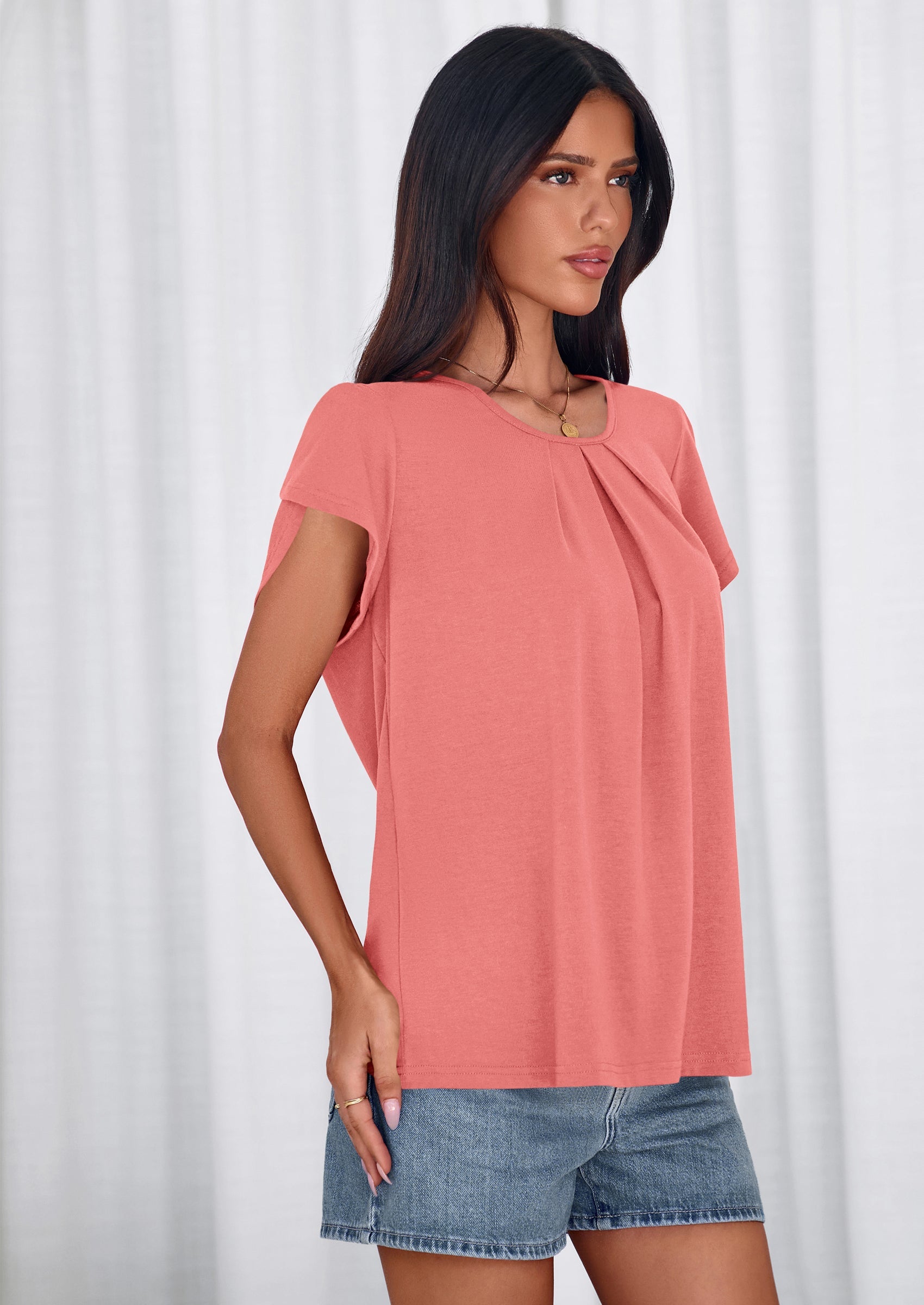 PRETTYGARDEN Summer Tops for Women Short Sleeve Crew Neck Pleated T Shirts Dressy Casual Blouses Spring Fashion Clothes PRETTYGARDEN