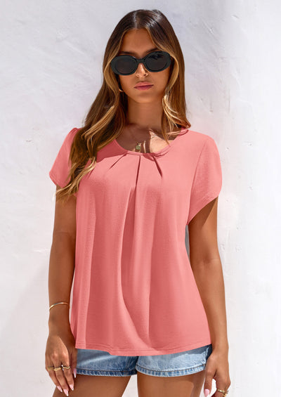 PRETTYGARDEN Summer Tops for Women Short Sleeve Crew Neck Pleated T Shirts Dressy Casual Blouses Spring Fashion Clothes PRETTYGARDEN