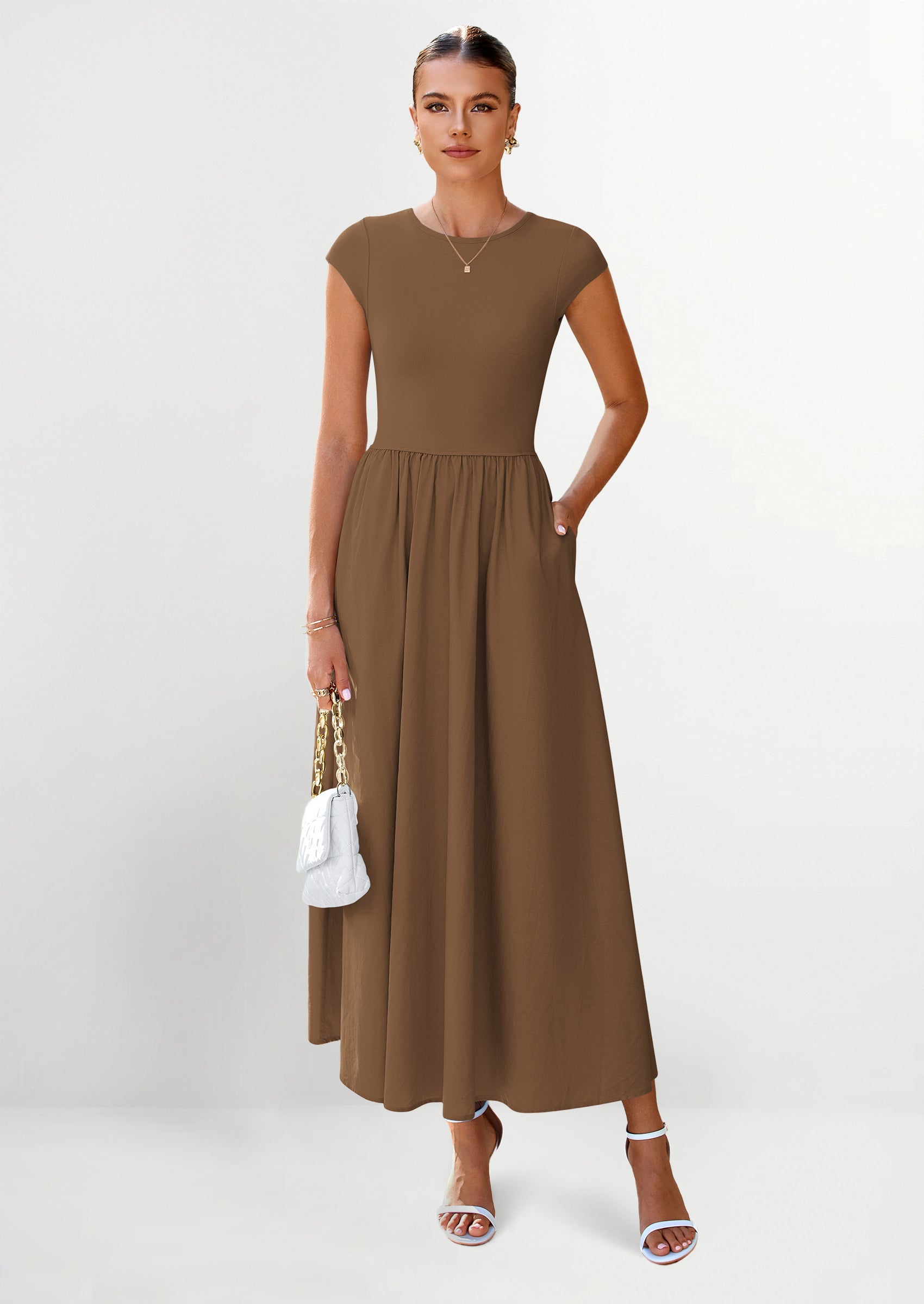 PRETTYGARDEN Women's Casual Long Dresses Cap Sleeve Patchwork A Line Flowy Modest Elegant Homecoming Maxi Dress