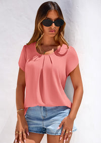 PRETTYGARDEN Summer Tops for Women Short Sleeve Crew Neck Pleated T Shirts Dressy Casual Blouses Spring Fashion Clothes PRETTYGARDEN