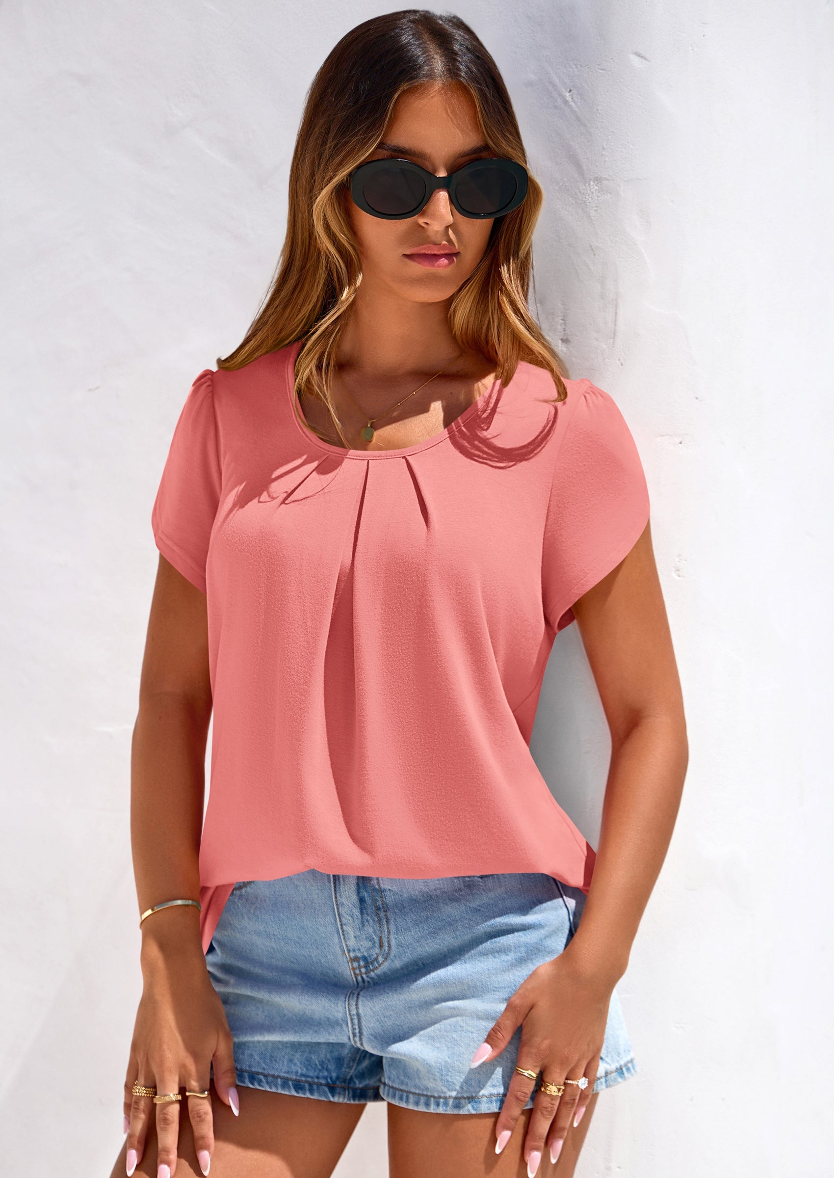 PRETTYGARDEN Summer Tops for Women Short Sleeve Crew Neck Pleated T Shirts Dressy Casual Blouses Spring Fashion Clothes PRETTYGARDEN