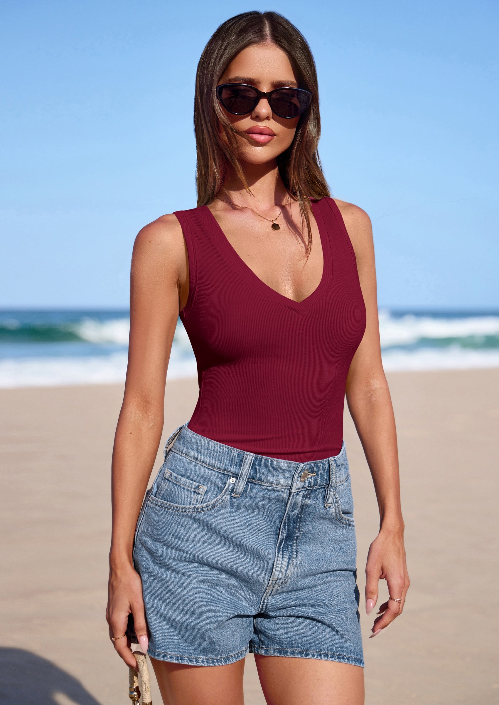 PRETTYGARDEN V Neck Tank Tops for Women Summer Outfits Ribbed Knit Shirts Casual Basic Tees Sleeveless Camisole Vest PRETTYGARDEN