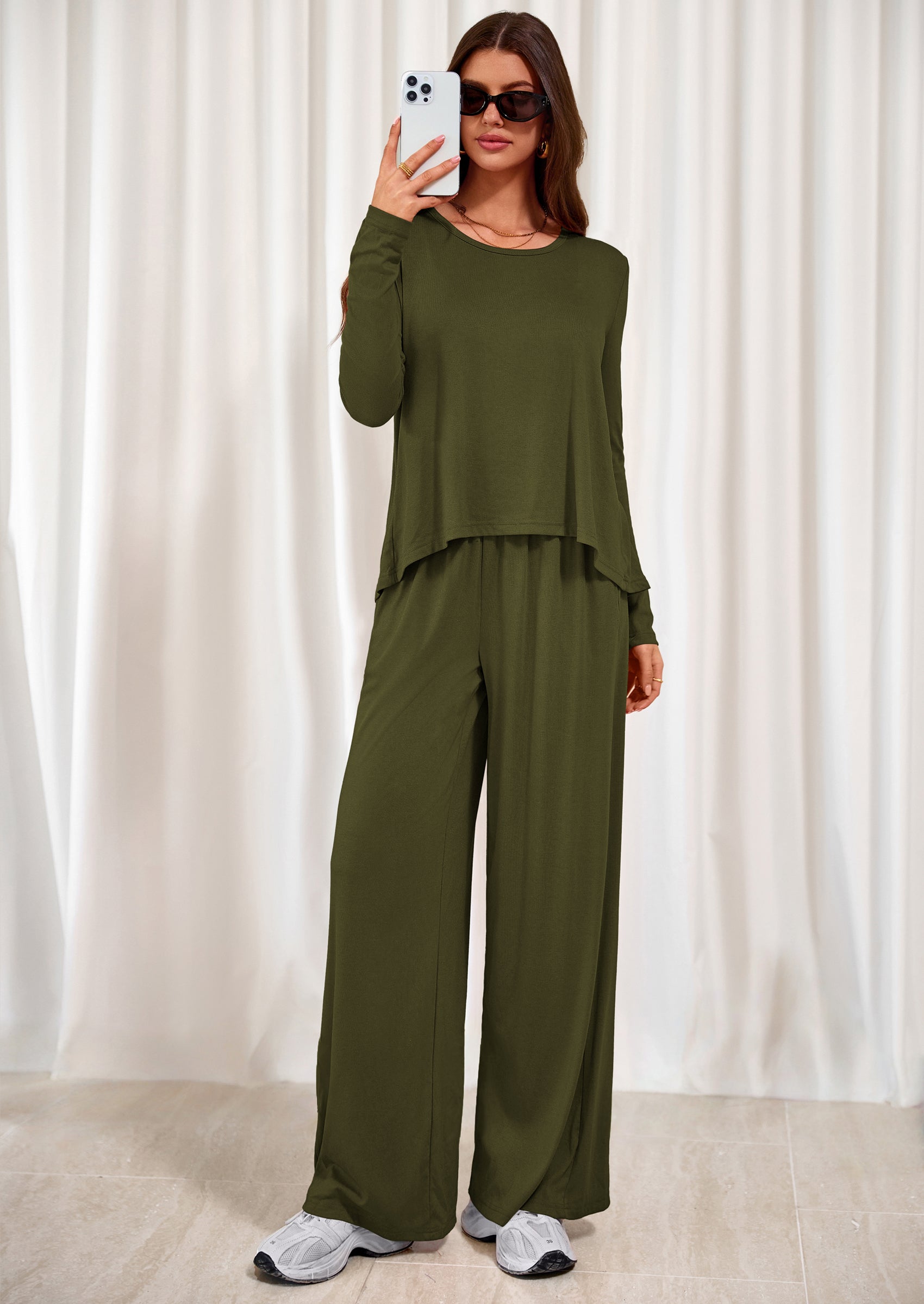 PRETTYGARDEN Women's 2 Piece Fall Sets  Casual Long Sleeve Shirts Wide Leg Pants Lounge Travel Outfits Fashion Clothing