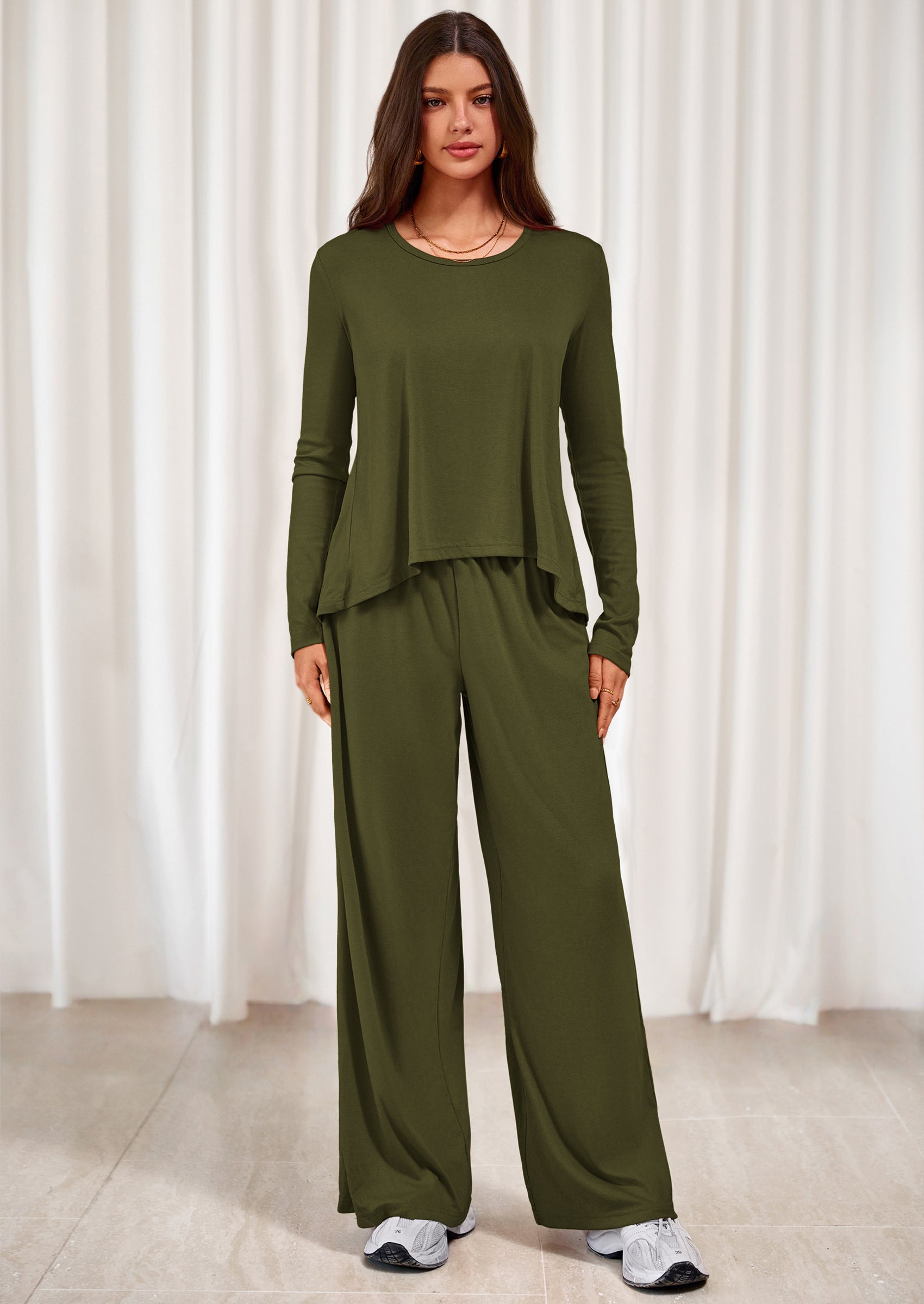 PRETTYGARDEN Women's 2 Piece Fall Sets  Casual Long Sleeve Shirts Wide Leg Pants Lounge Travel Outfits Fashion Clothing