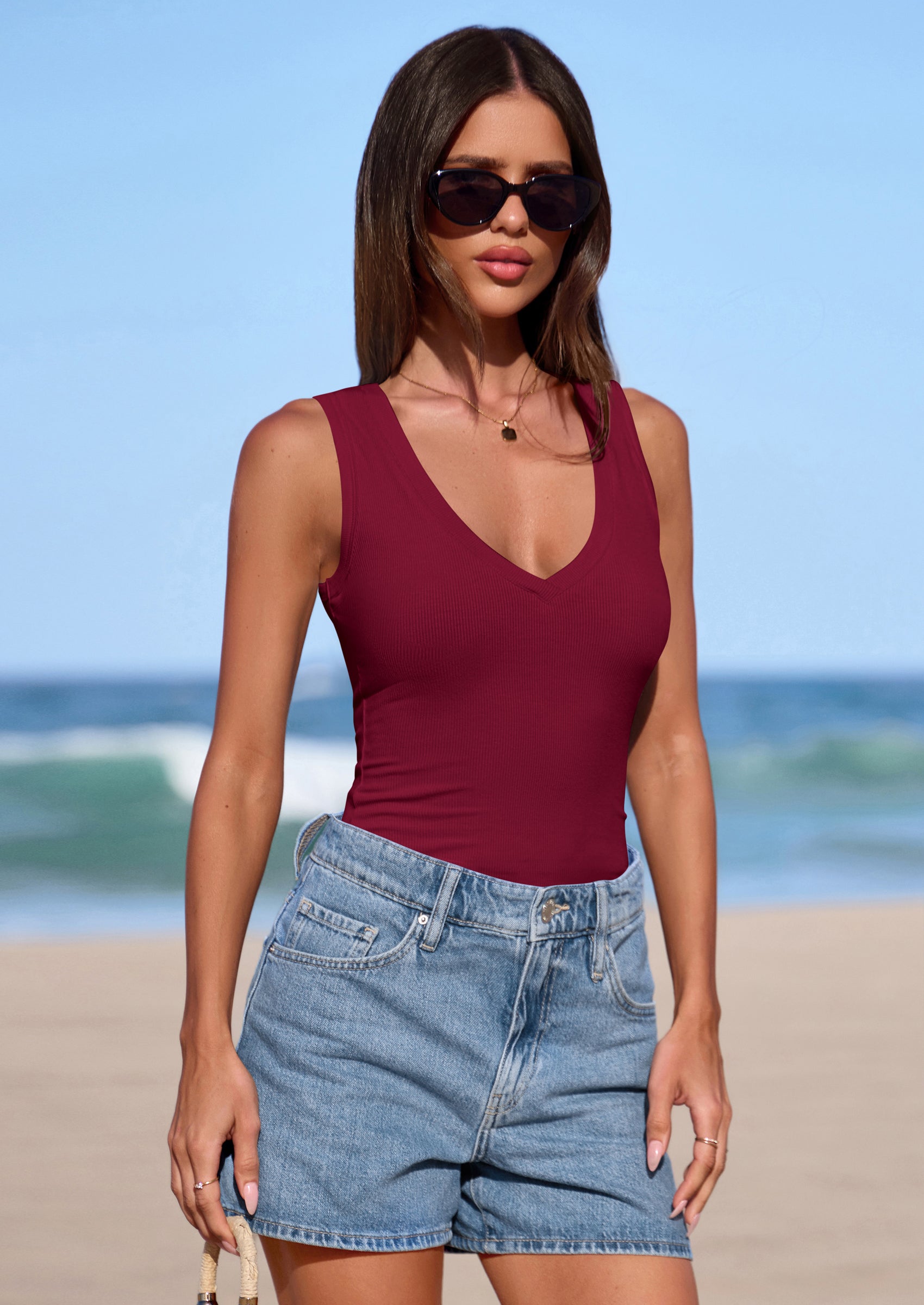 PRETTYGARDEN V Neck Tank Tops for Women Summer Outfits Ribbed Knit Shirts Casual Basic Tees Sleeveless Camisole Vest PRETTYGARDEN