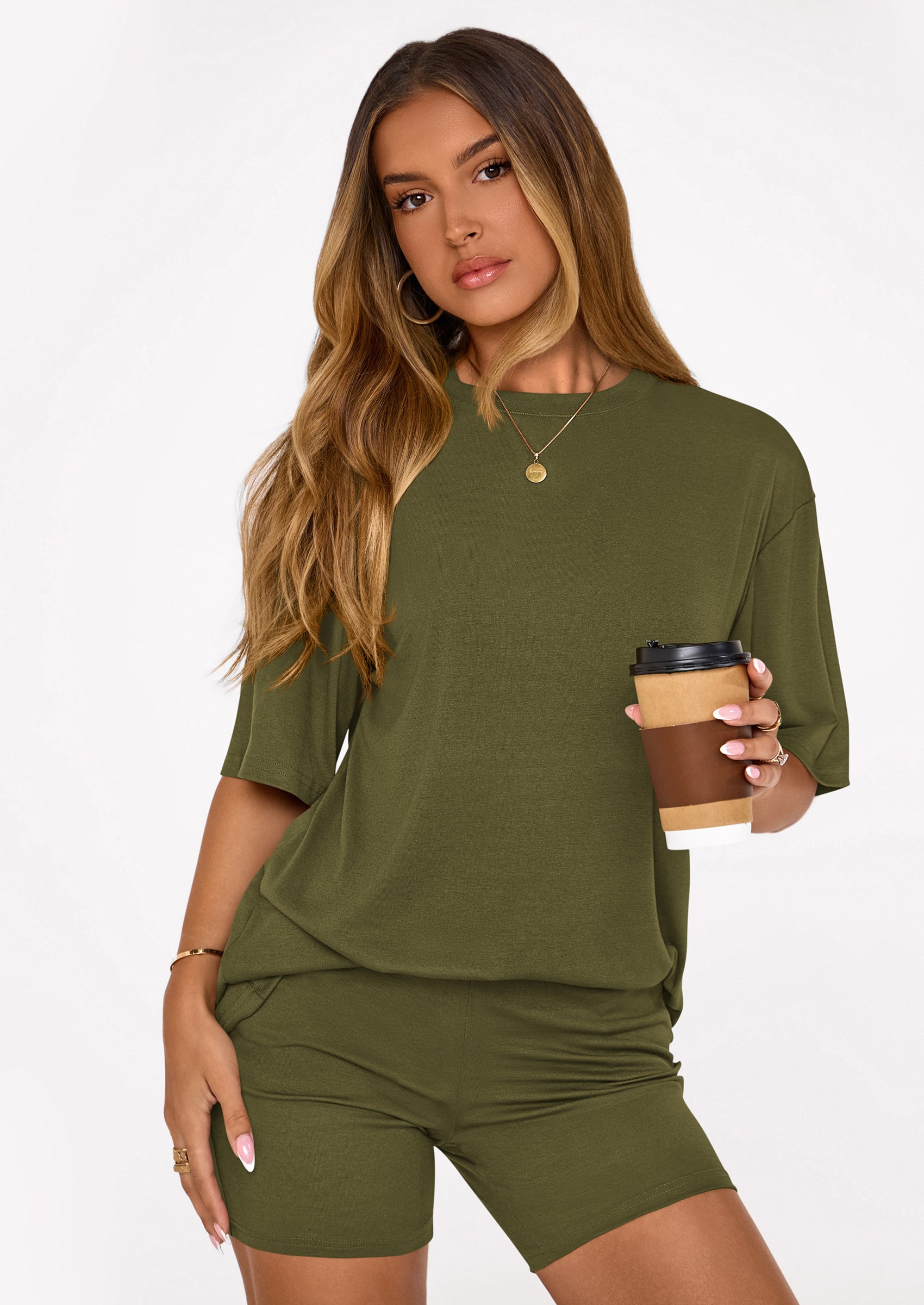 PRETTYGARDEN Women's Two Piece Matching Lounge Sets Summer Casual Tops Short Sleeve Shirts Shorts Travel Airport Outfits PRETTYGARDEN