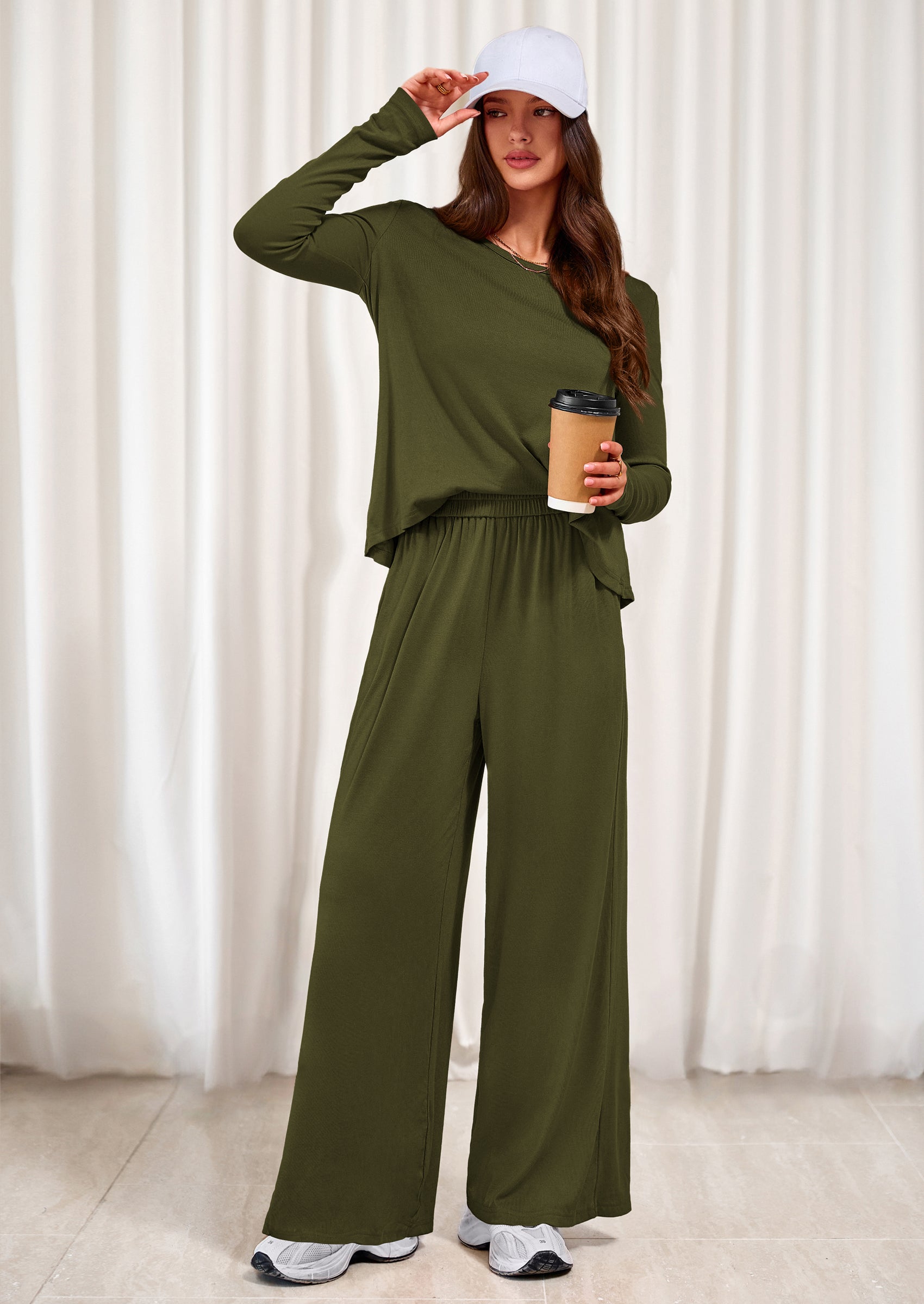 PRETTYGARDEN Women's 2 Piece Fall Sets  Casual Long Sleeve Shirts Wide Leg Pants Lounge Travel Outfits Fashion Clothing