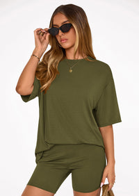 PRETTYGARDEN Women's Two Piece Matching Lounge Sets Summer Casual Tops Short Sleeve Shirts Shorts Travel Airport Outfits PRETTYGARDEN